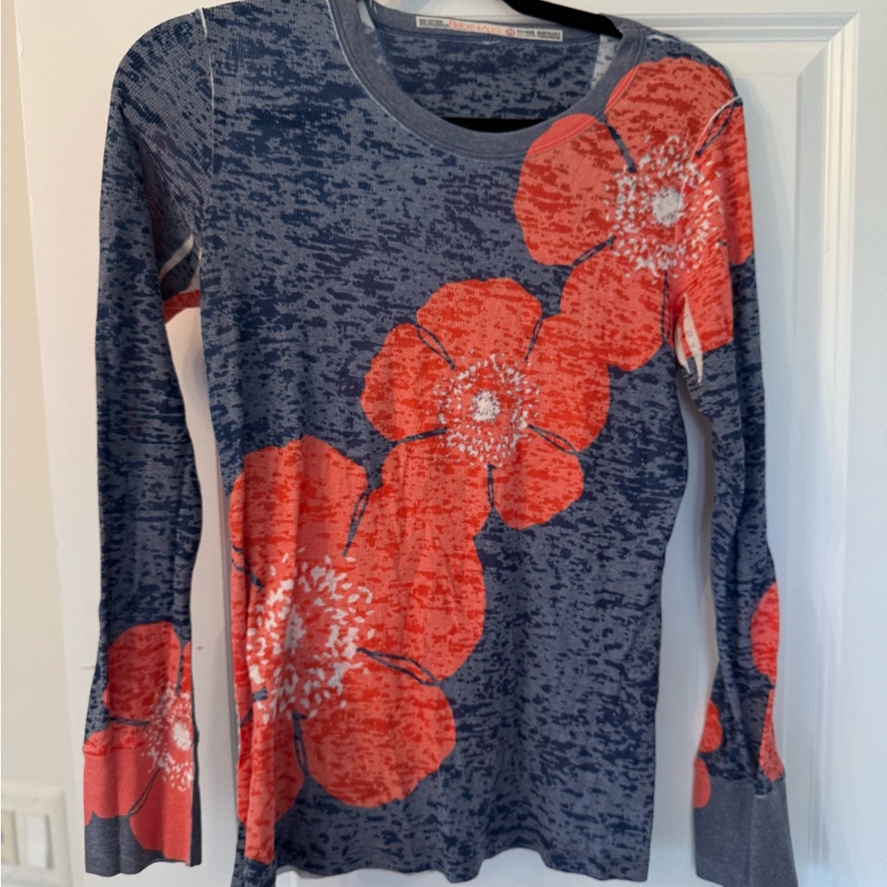 Vibrant Floral Long Sleeve Top - Coral and Charcoal